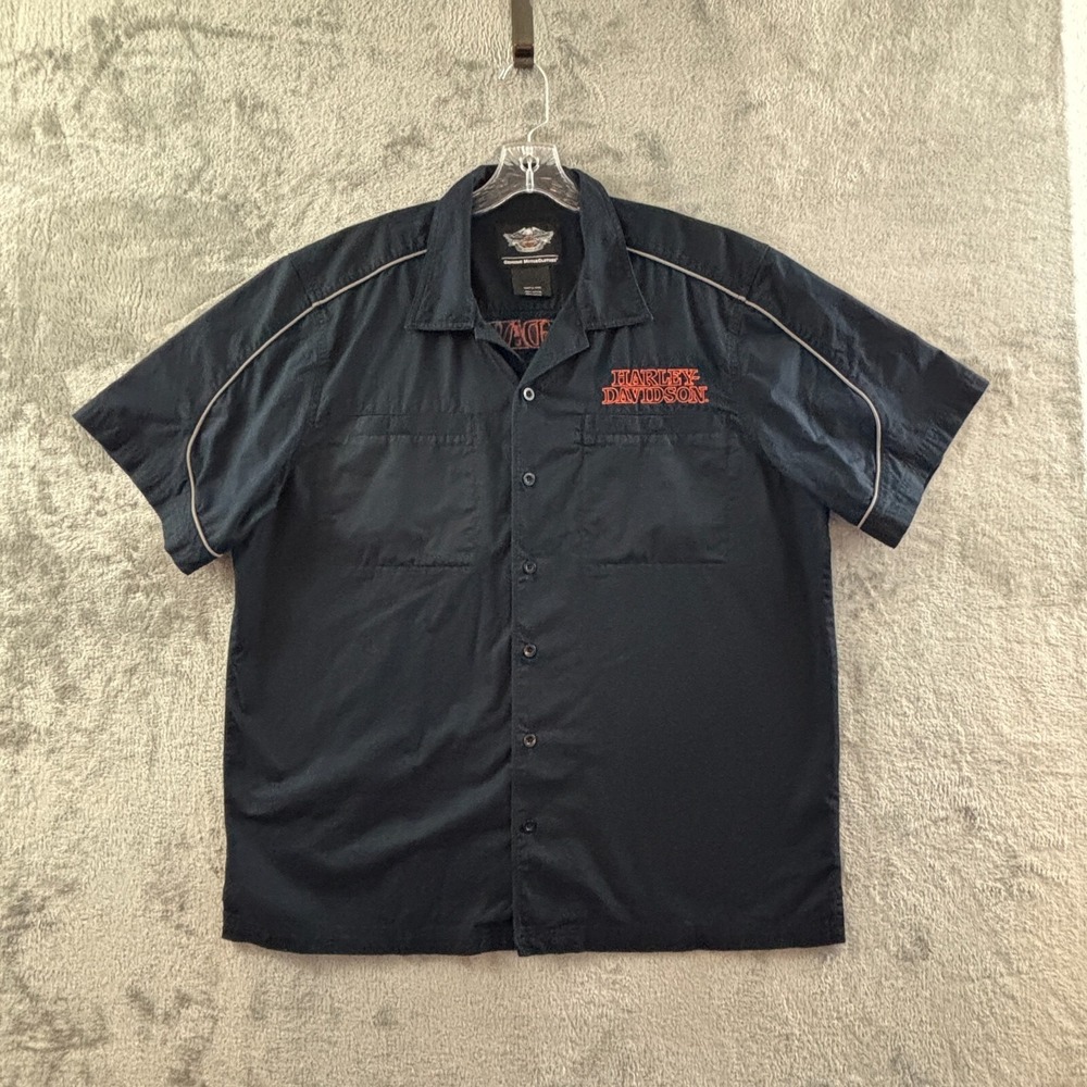 Harley Davidson Skull Flames Button Shirt Mens XL Black‎ Short Sleeve Embroidery